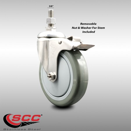 Service Caster 5 Inch 316SS Gray Polyurethane Swivel 3/8 Inch Stem Caster Total Lock Brake SCC SCC-SS316TSTTL20S514-PPUB-381615